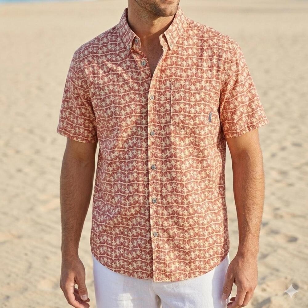 Eddie Bauer Men's Squirrel Print Short Sleeve Button Down Shirt Red & Tan XL